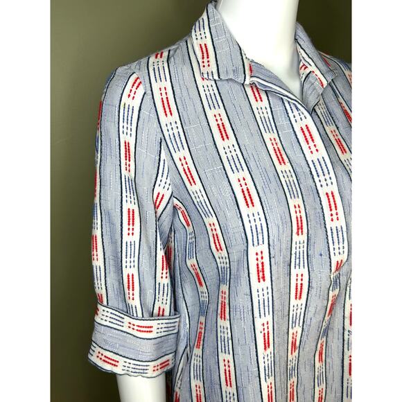 Tuckernuck Ikat Stripe Megan Shift Dress White Red Blue V-Neck Collar Mini XS - Picture 4 of 12